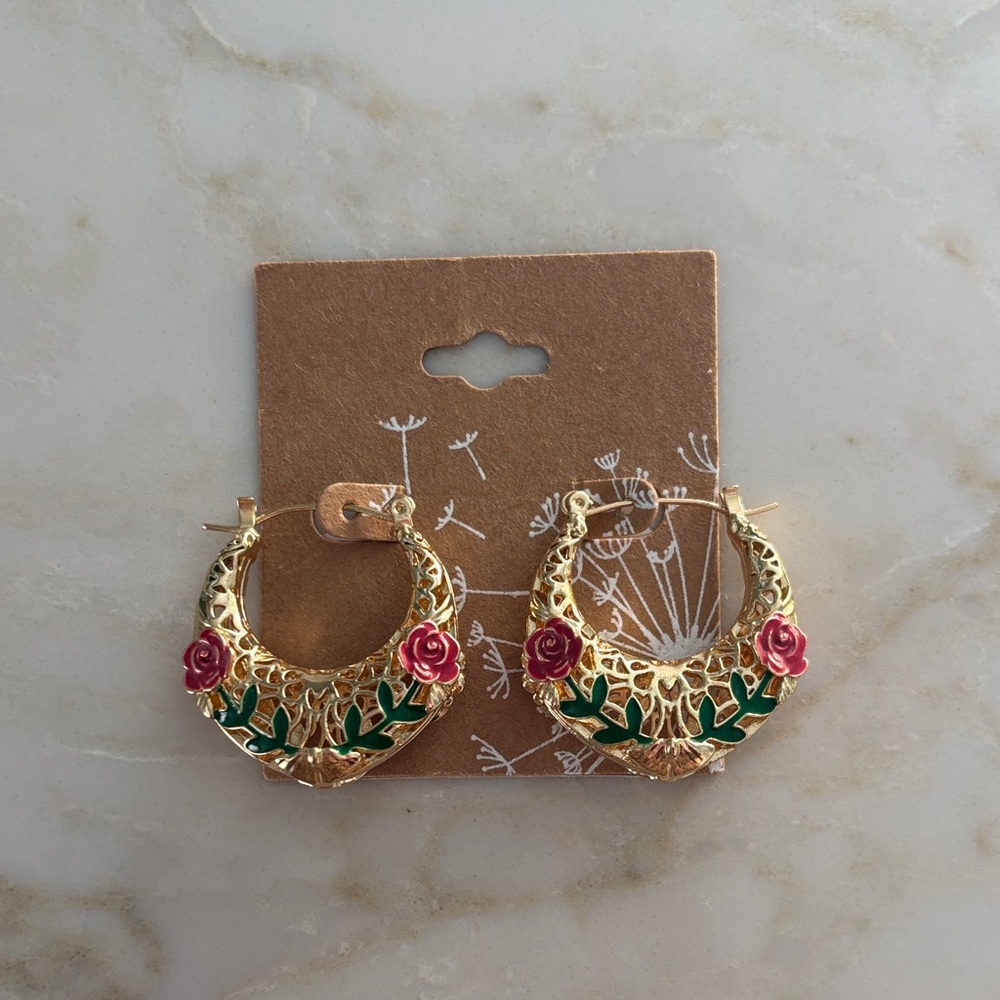 Gold and Pink Floral Hoop Earrings